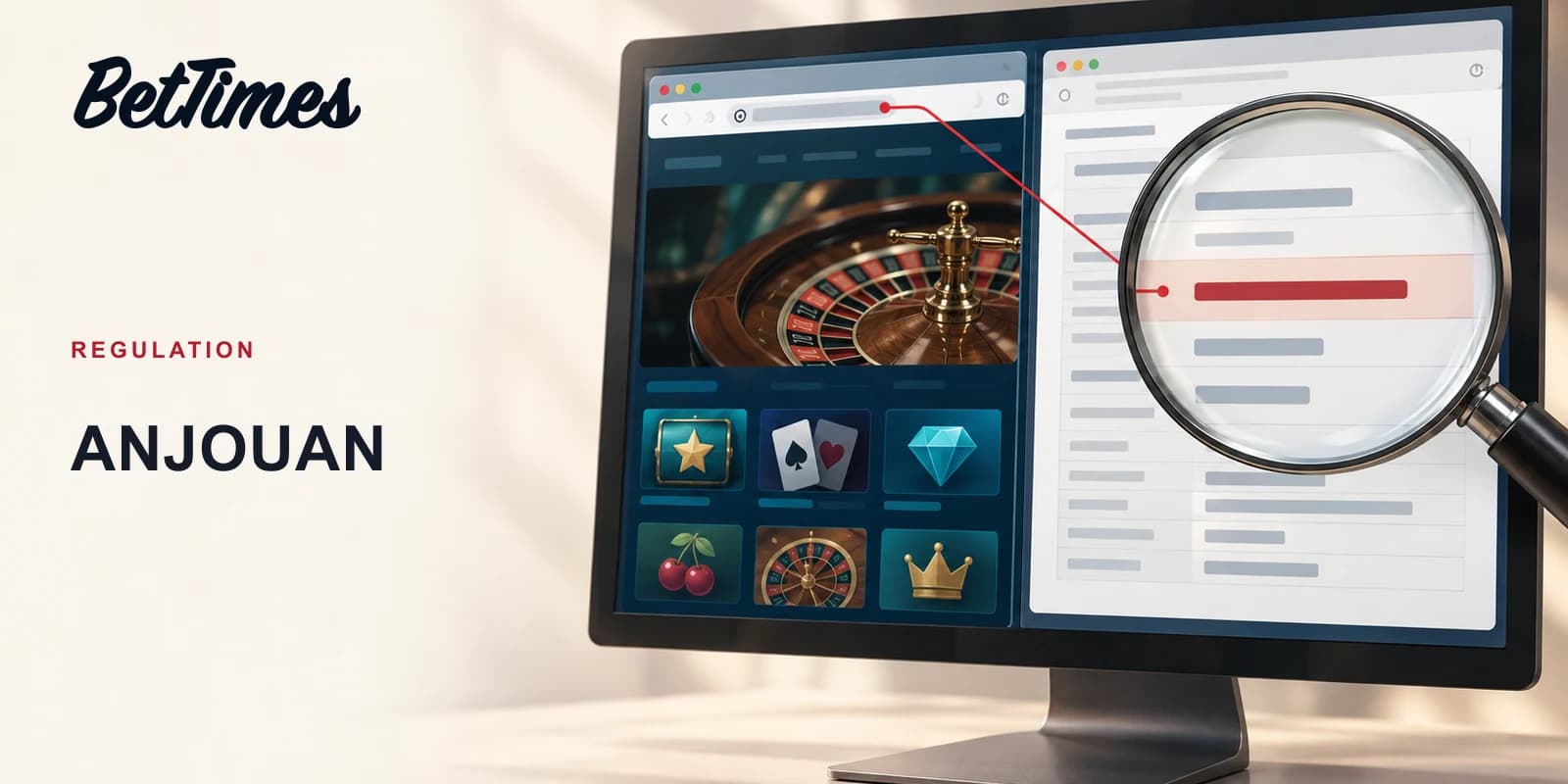 Illustrated casino browser and licence record with a magnifying lens inspecting a domain field