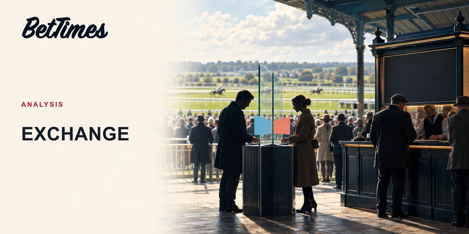 An illustrated racecourse betting ring contrasting an unbranded bookmaker counter with two opposing exchange participants.