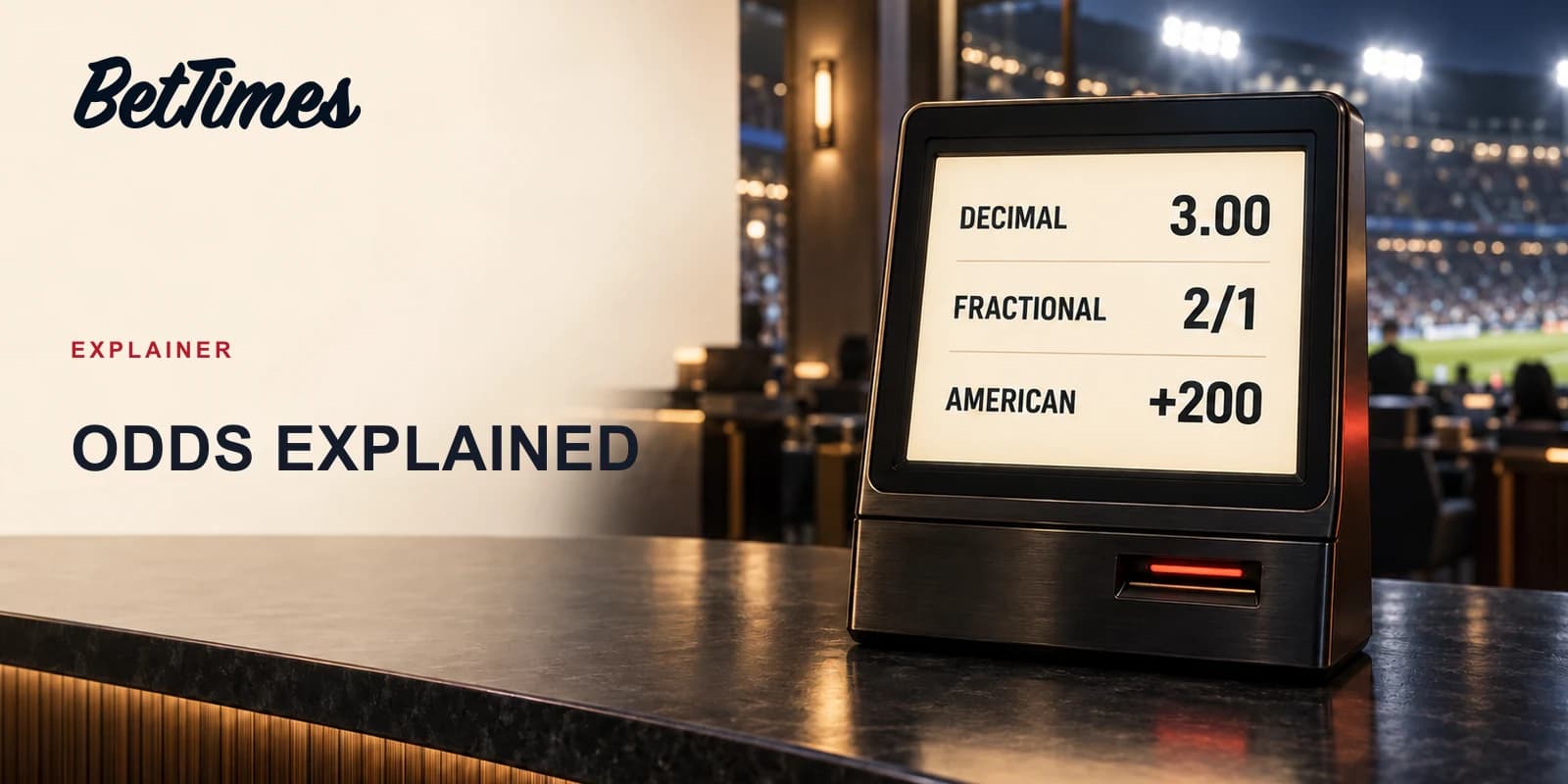 An unbranded sportsbook terminal shows equivalent odds of decimal 3.00, fractional 2/1 and American +200 against a stadium background.