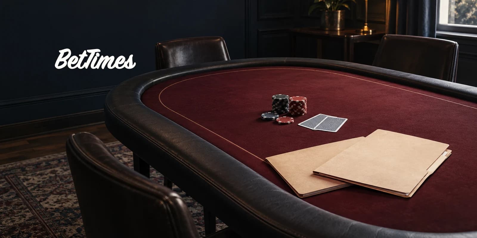Illustrative empty poker table with cards, chips and permission folders, representing checks before joining a physical game.