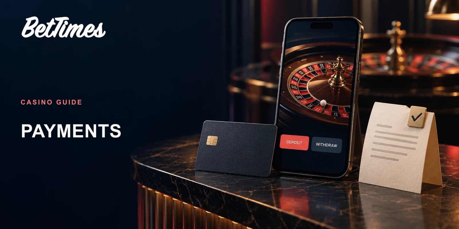 An unbranded casino phone interface beside a debit card and payout paperwork on a dark counter