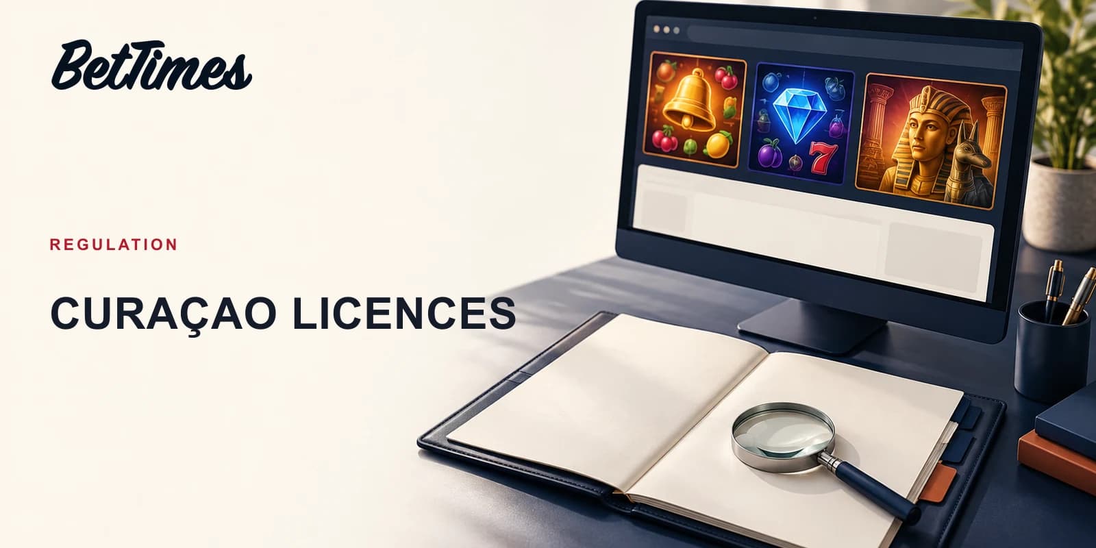 Casino website on a monitor beside a document folio and magnifying glass on a compliance research desk