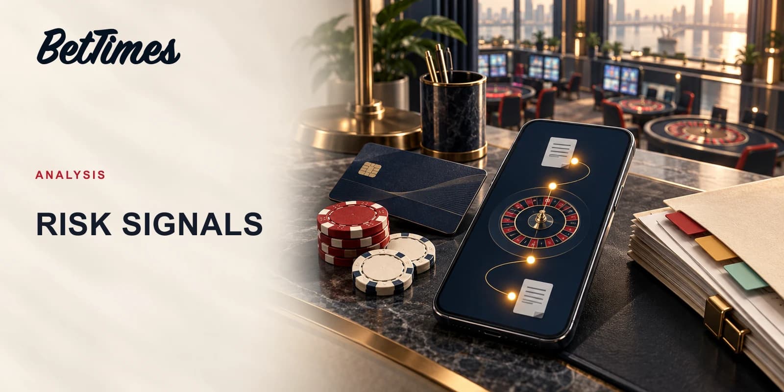 Casino compliance desk with a betting account, payment card and risk-signal flow