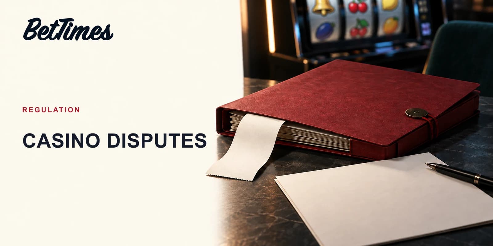 A complaint case file and blank transaction receipt beside a softly lit, unbranded casino terminal.