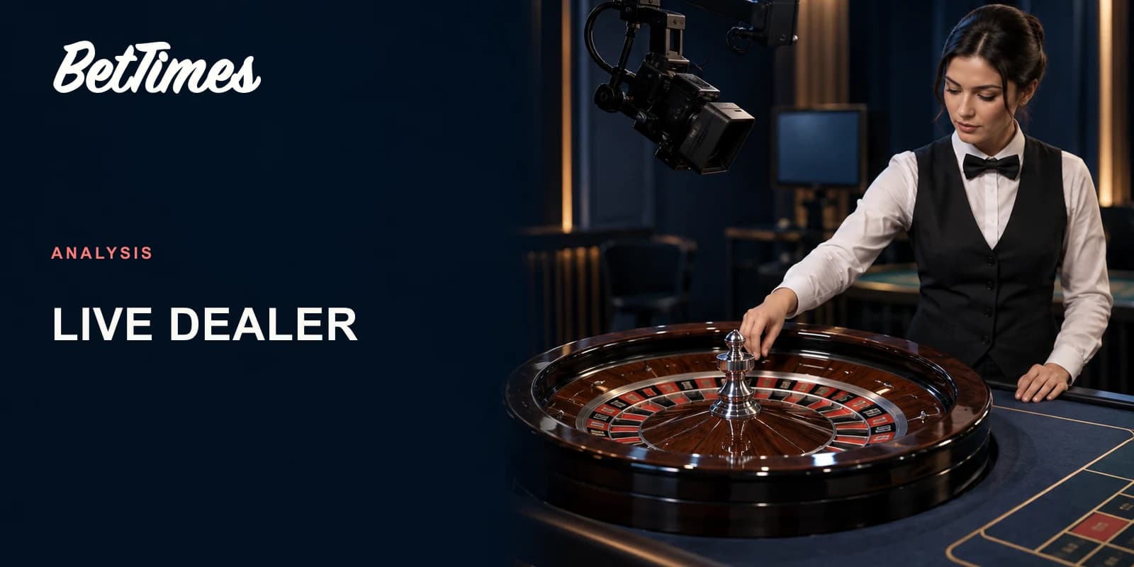 A roulette dealer at a studio table beneath a broadcast camera, with a blank monitor behind the wheel.