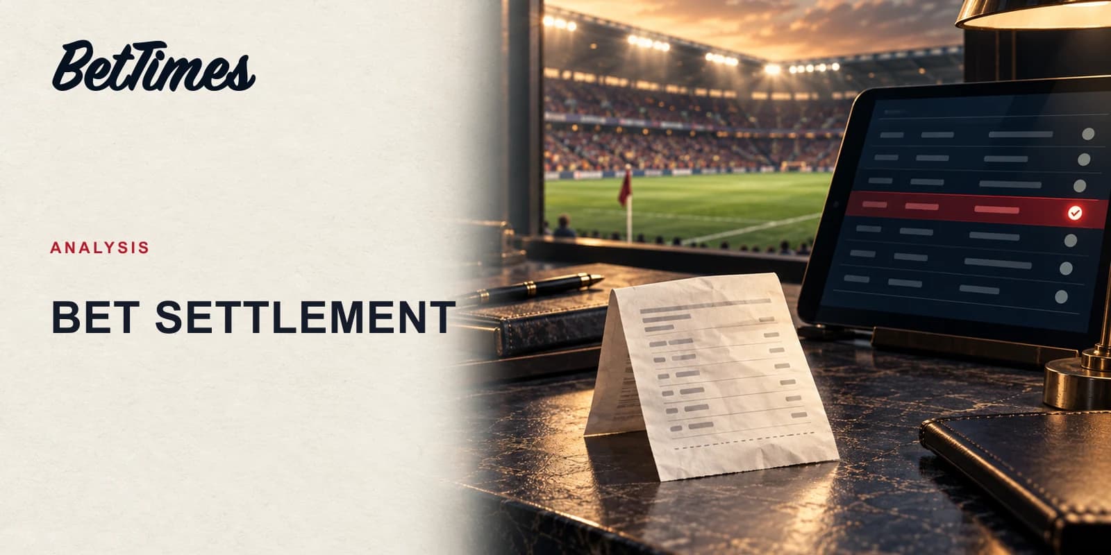 Editorial illustration of a sports betting slip, event result display and settlement ledger on an unbranded bookmaker desk.