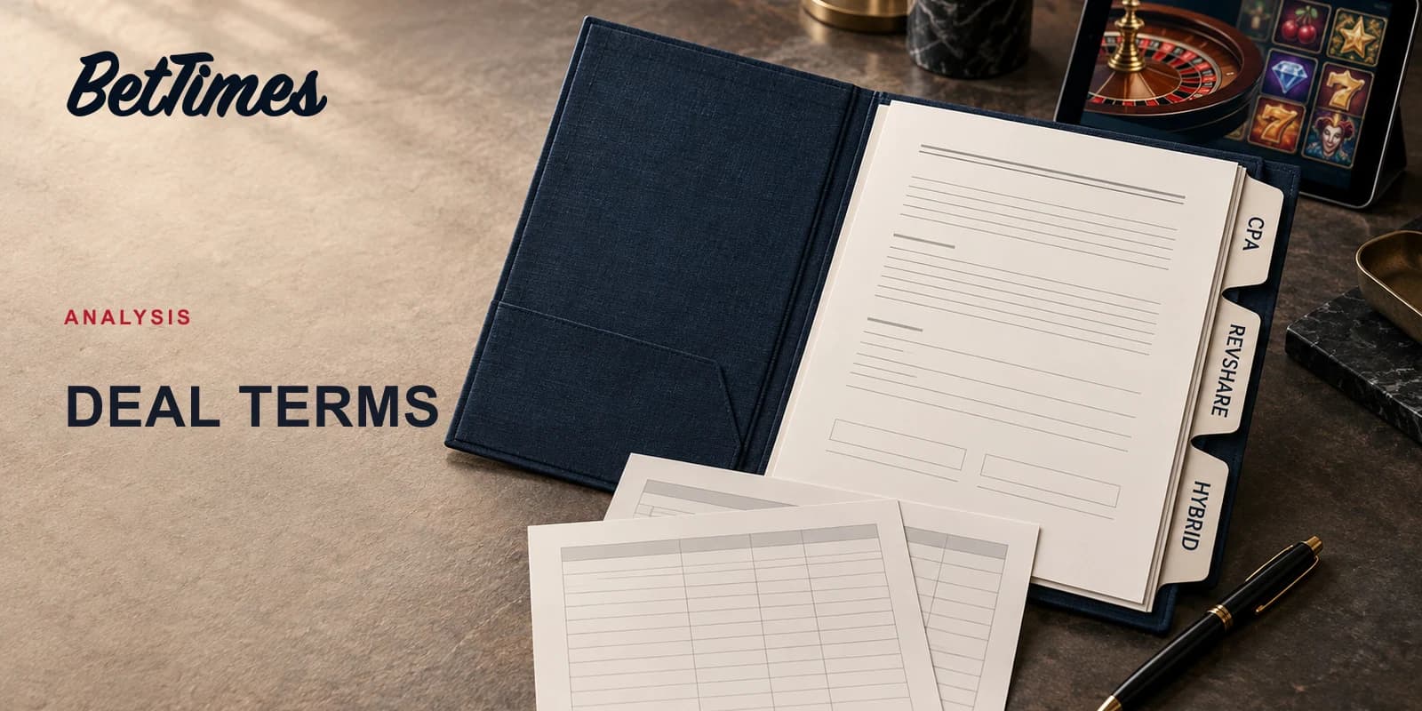 Affiliate contract folio with CPA, RevShare and hybrid tabs, blank settlement sheets and a representative casino product.
