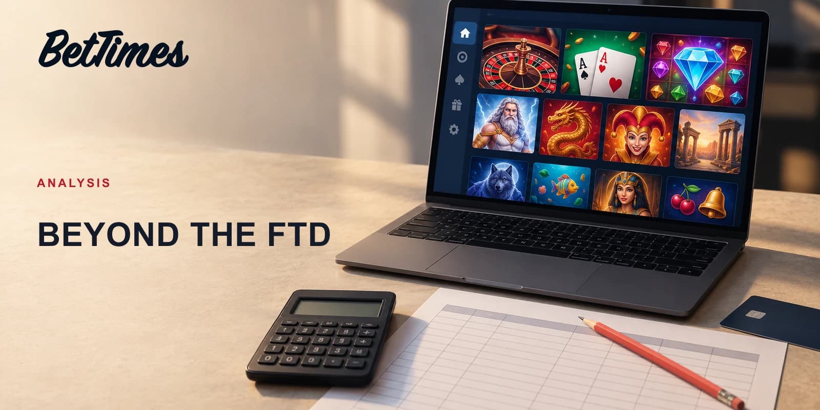 Casino product on an analyst workstation beside a cohort worksheet, calculator and payment card.