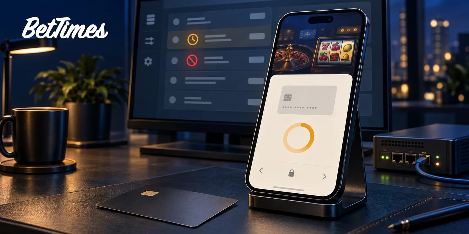 Casino deposit waiting for confirmation beside a payment review console and connected network appliance