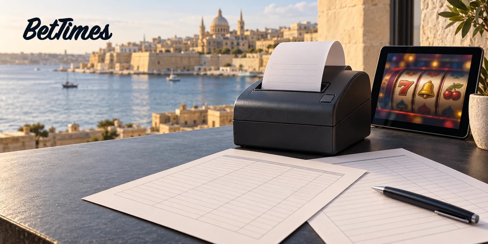 Illustrative Malta harbour office with tax reporting sheets, a receipt printer and a secondary casino tablet