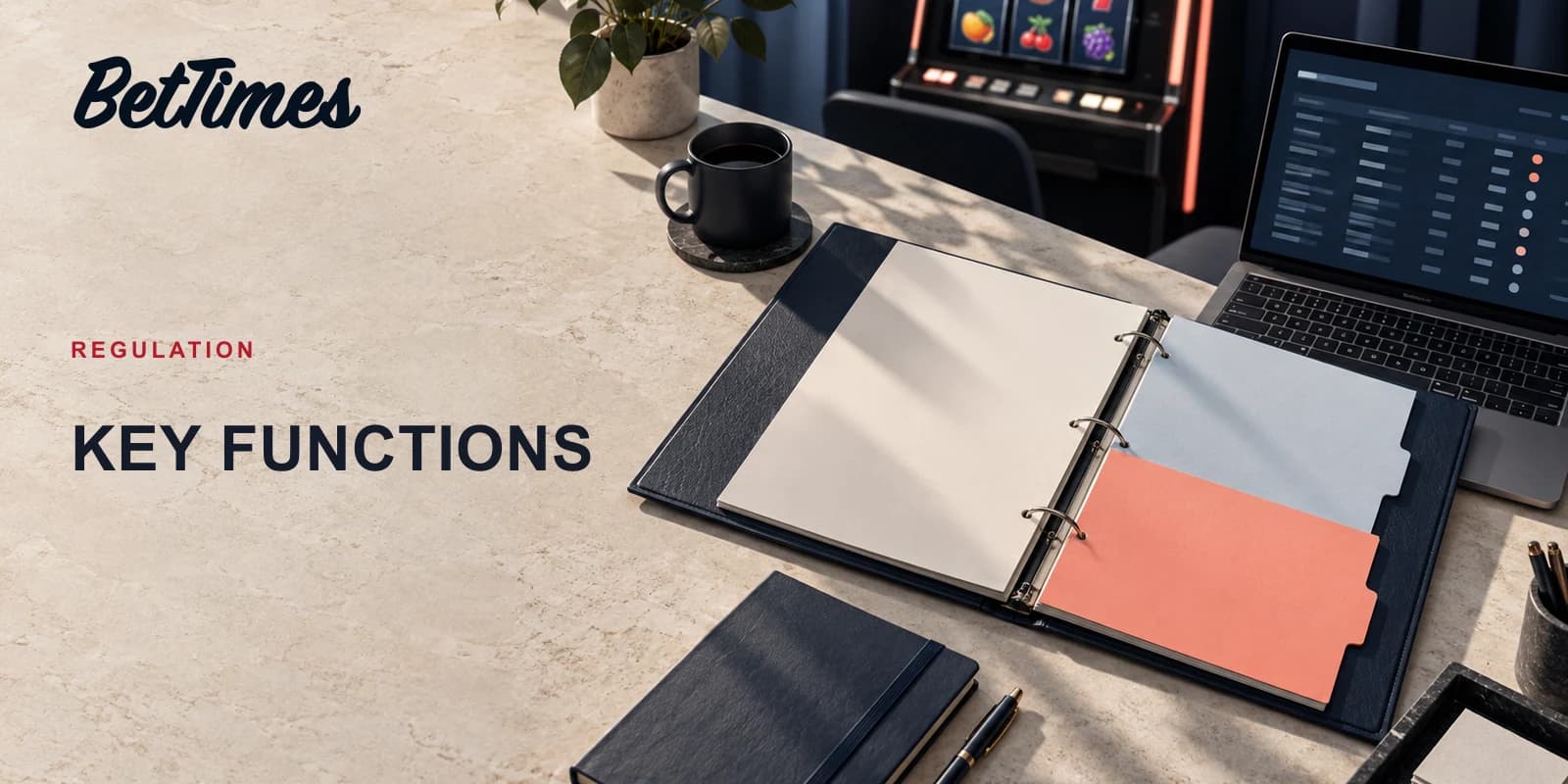 A compliance binder, reporting screen and casino terminal in an editorial desk scene.