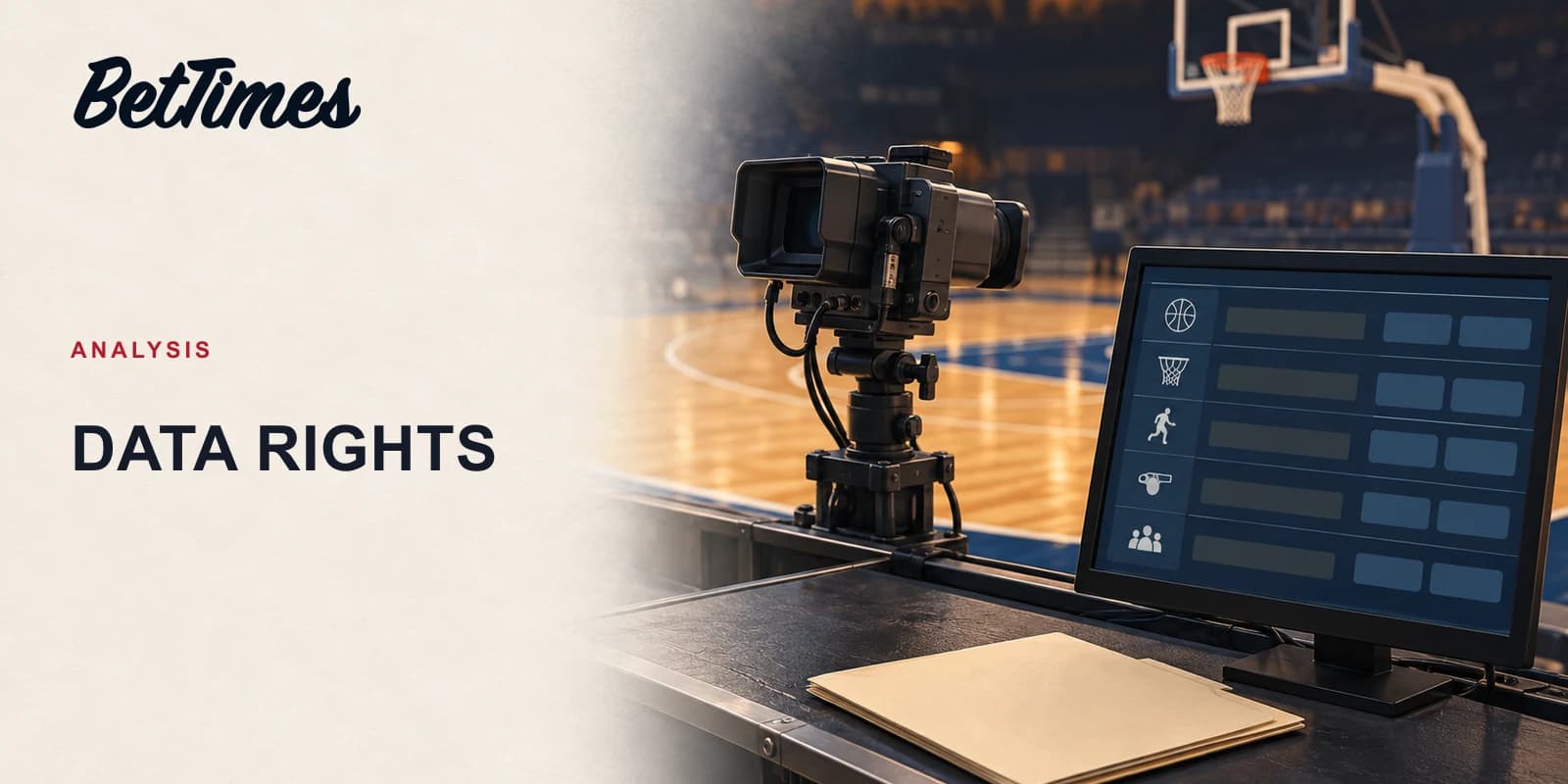 Editorial illustration of a courtside sports-data camera, a representative betting terminal and an unmarked licence folder beside a basketball court.