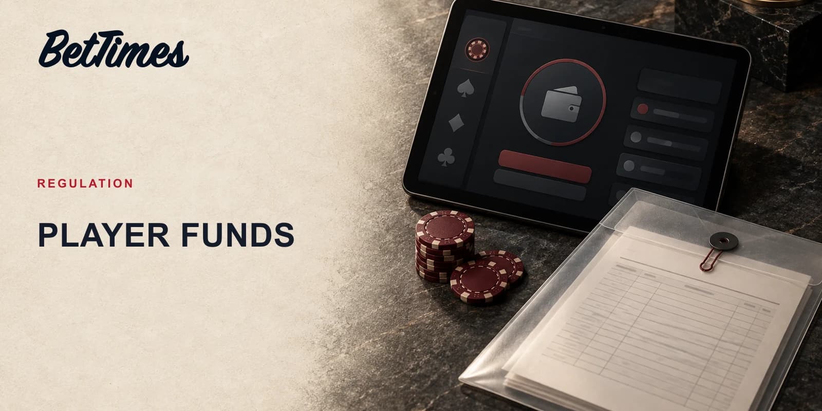 An unbranded online casino wallet tablet beside casino chips and a separate customer-account ledger sleeve.
