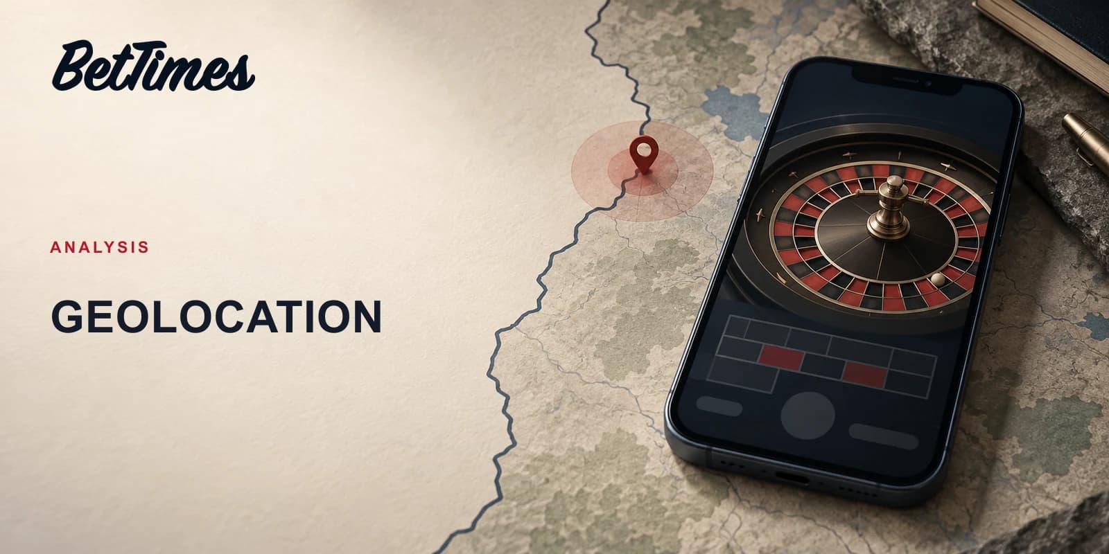A phone displaying an unbranded casino roulette game beside a boundary map and location indicator.