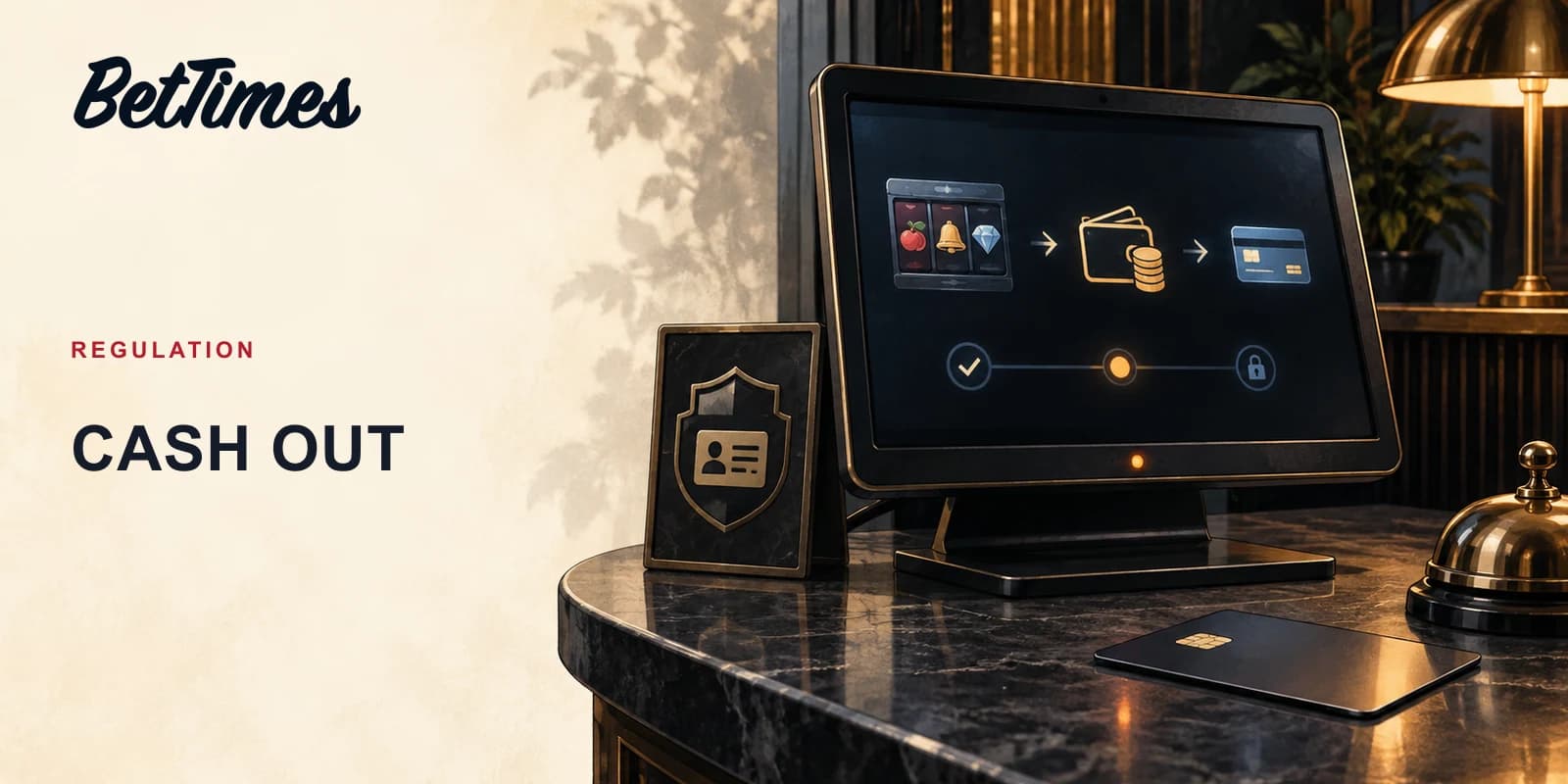 Editorial illustration of an unbranded casino account withdrawal screen and a bank card on a cashier counter.