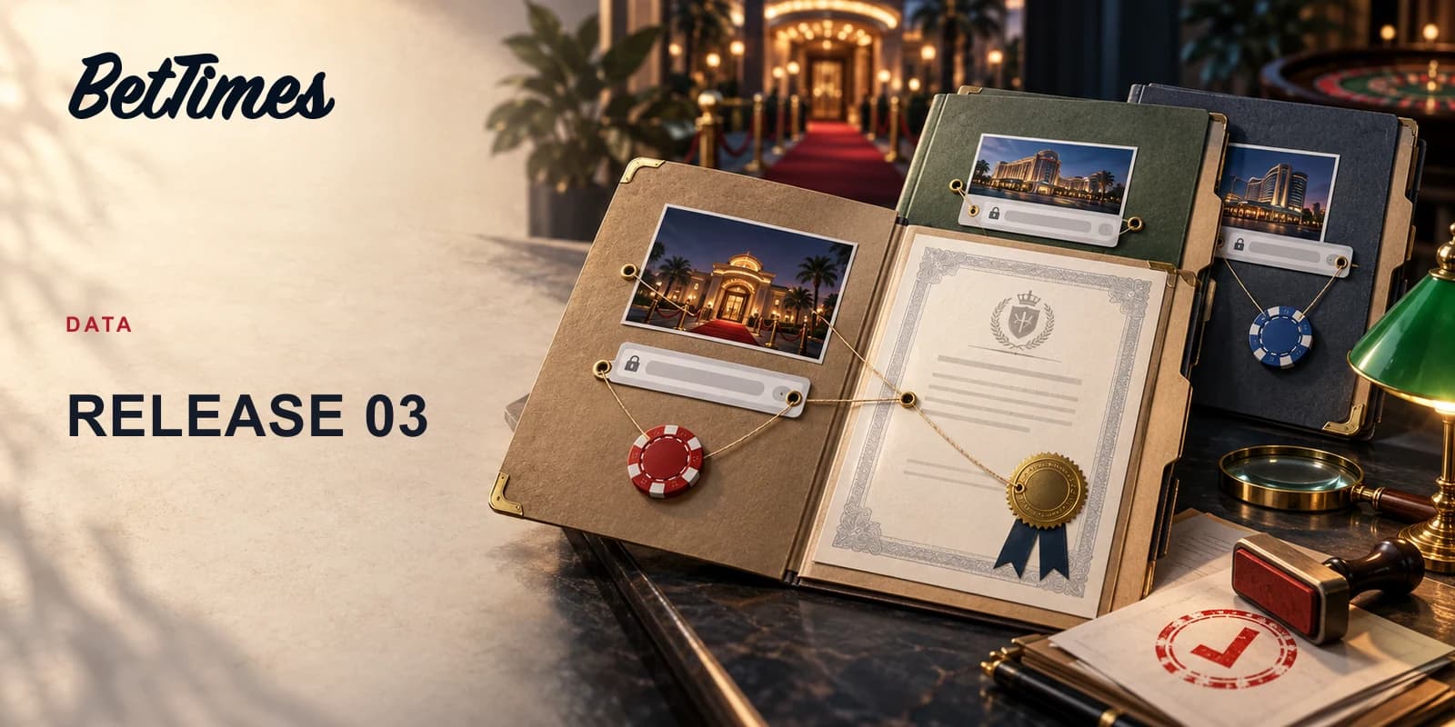 Three casino operator evidence folders with a domain certificate and review stamp