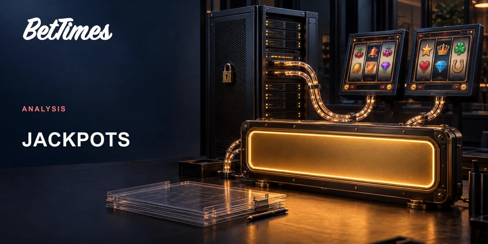 Two unbranded casino game screens linked to a central progressive jackpot meter and control hardware.