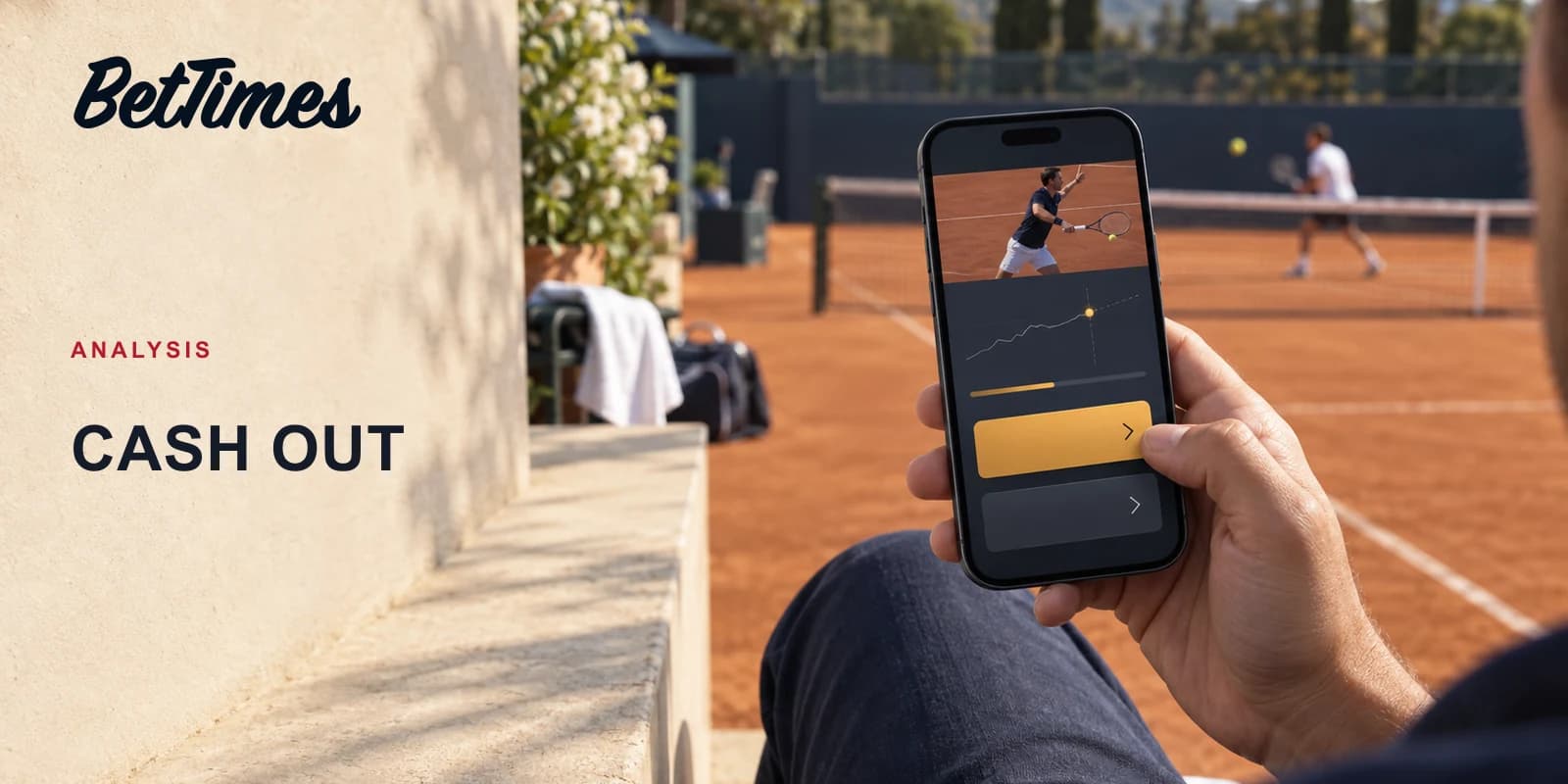 An unbranded mobile sports-bet cash-out choice beside a live tennis court.