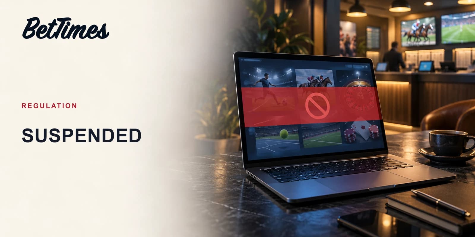 Unbranded online betting screen on hold beside an unobstructed betting shop counter