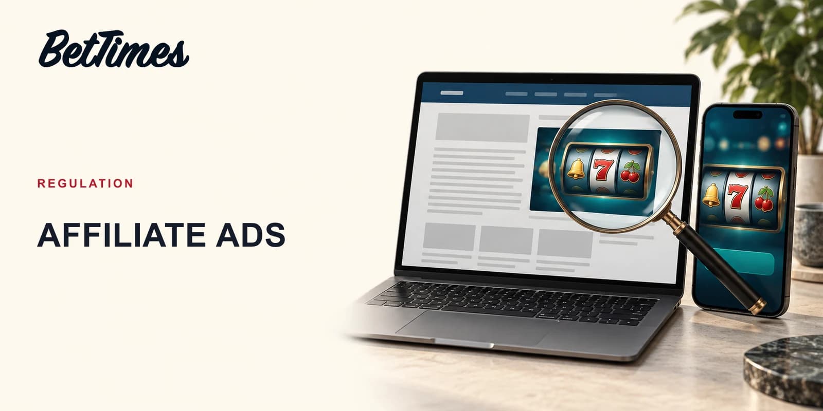 An unbranded casino affiliate ad on a mobile screen under review in a detailed editorial illustration.