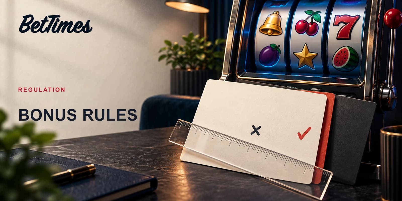 Editorial illustration of an unbranded casino bonus offer card being reviewed beside a slot-machine screen.