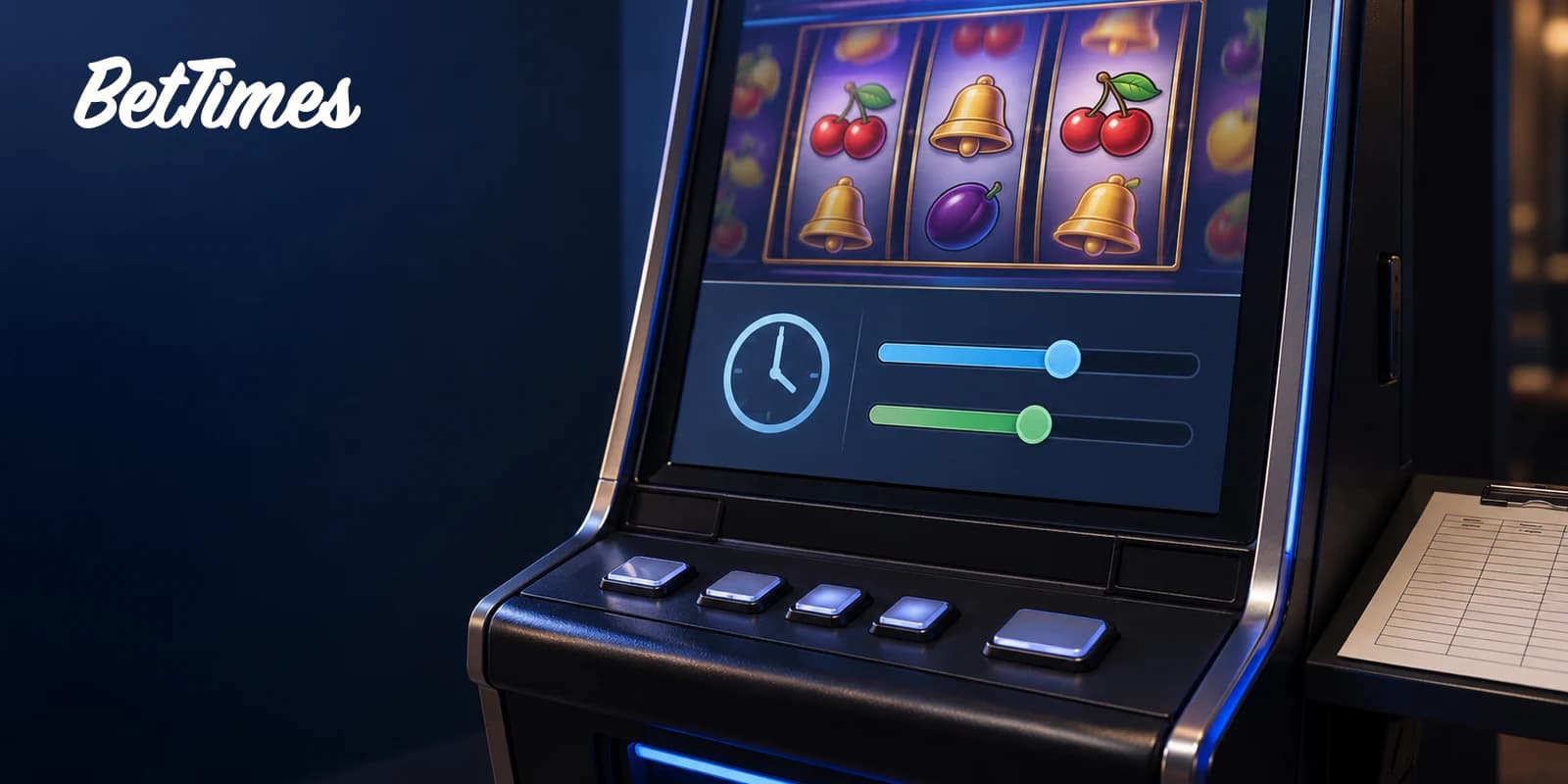 Illustrative land-based gaming machine with a session clock and player controls beside a blank testing sheet