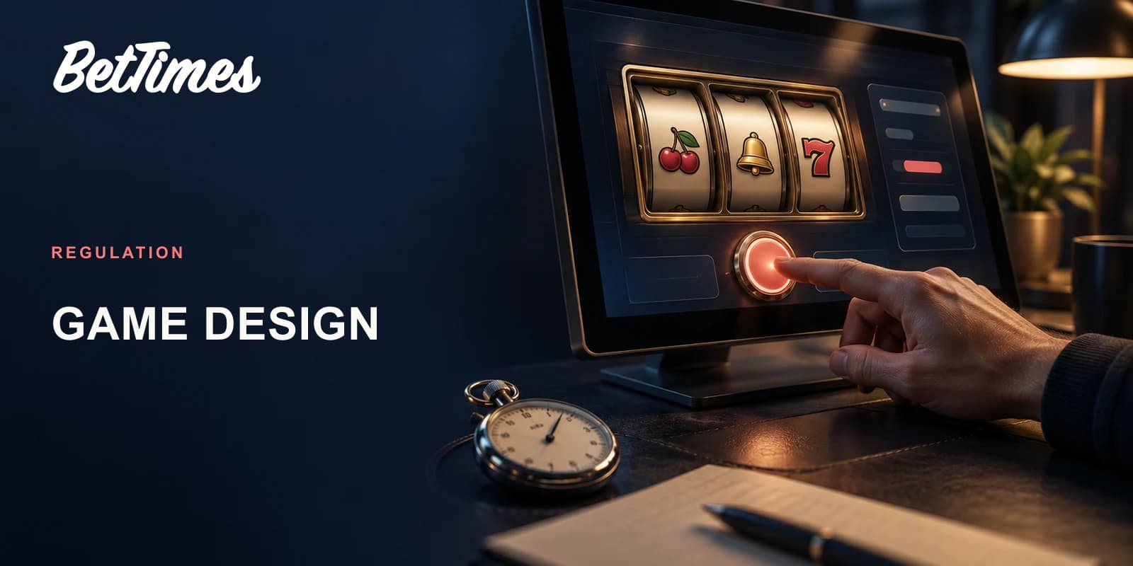 An unbranded slot game interface with a manual play control and a stopwatch on the desk.