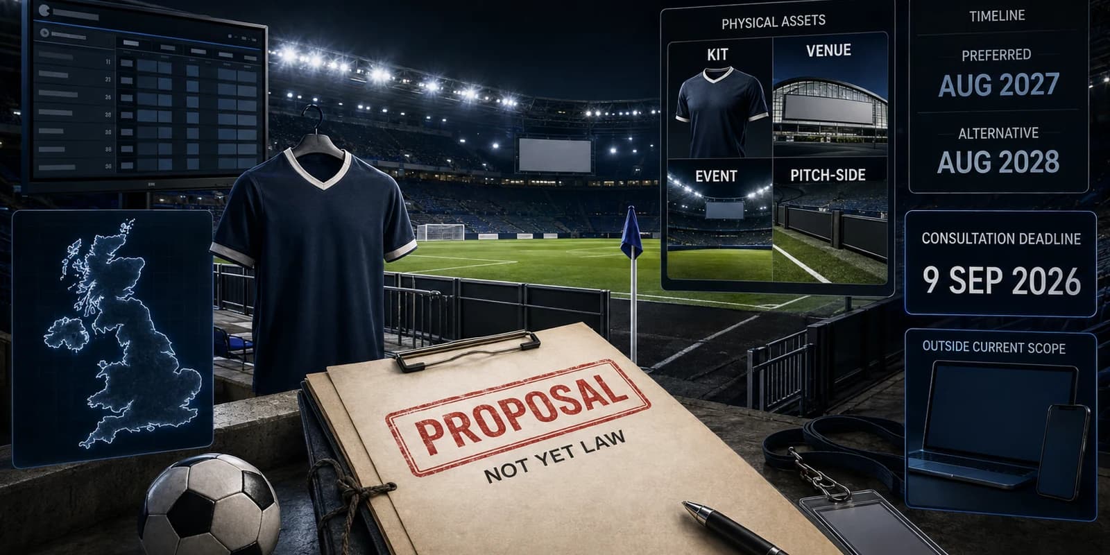British football sponsorship assets, consultation dates and a proposal document marked not yet law.