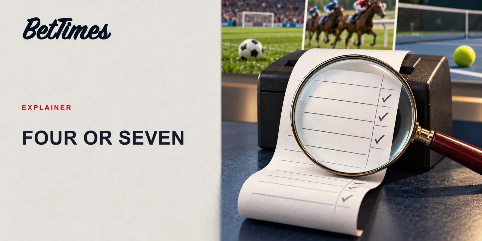 An unbranded betting coupon under a magnifying glass beside a receipt printer, with separate sporting events in the background.