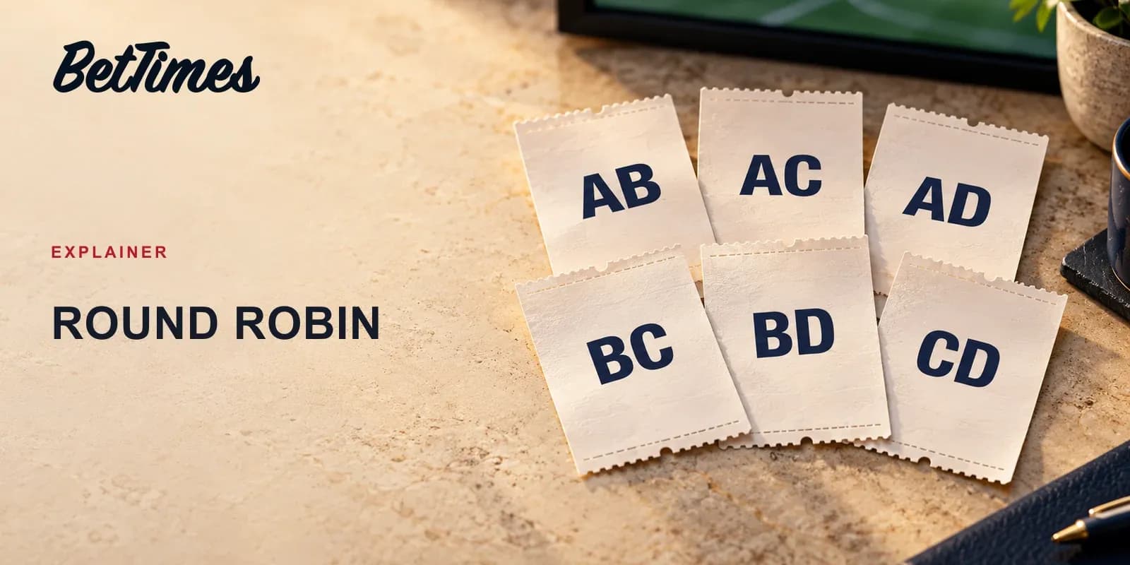Six separate unbranded paper doubles slips labelled AB, AC, AD, BC, BD and CD, illustrating the six pairs formed from four selections in round-robin combination betting.