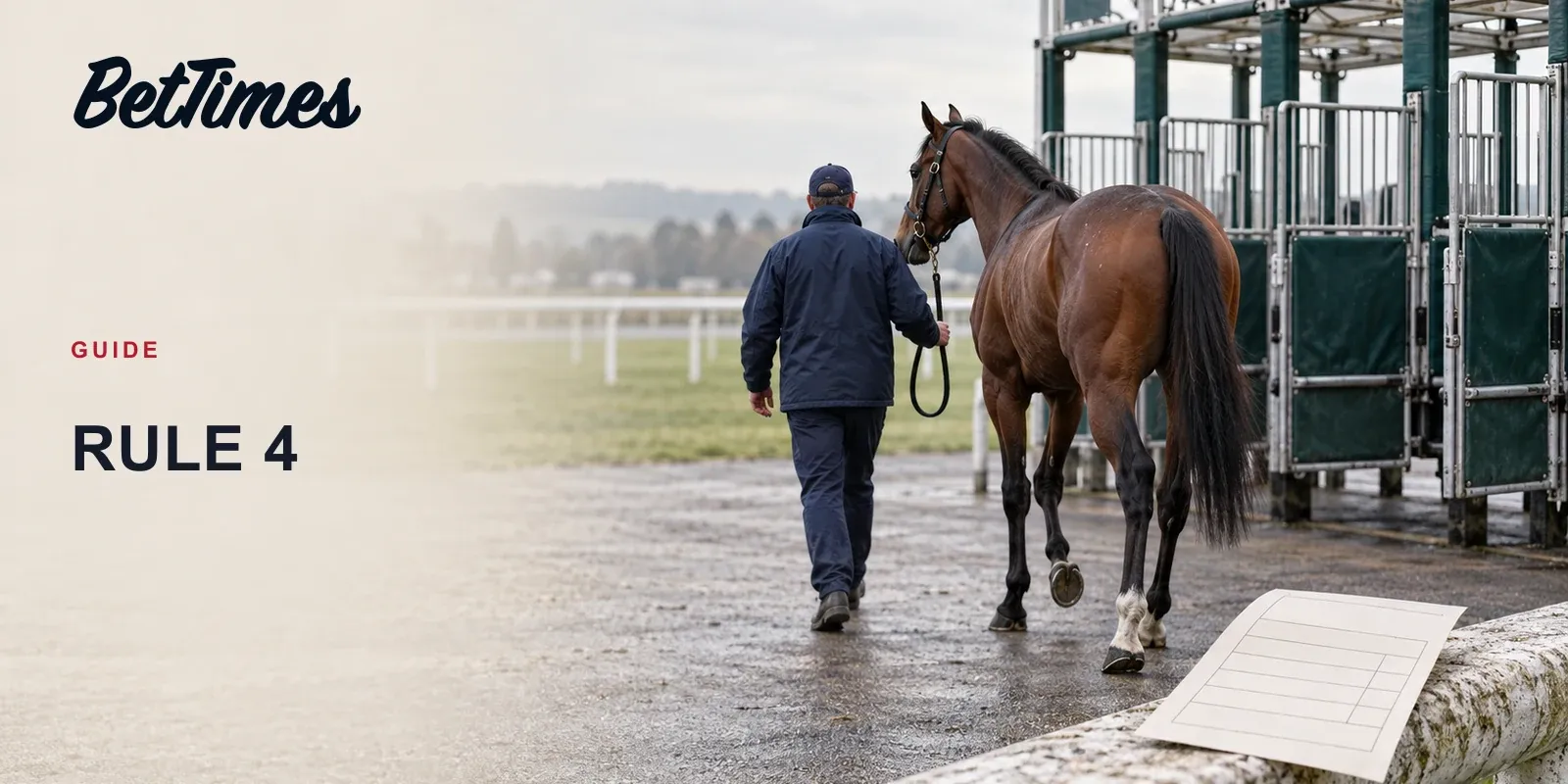 Racecourse betting slip beside starting stalls, illustrating a horse withdrawn before the race