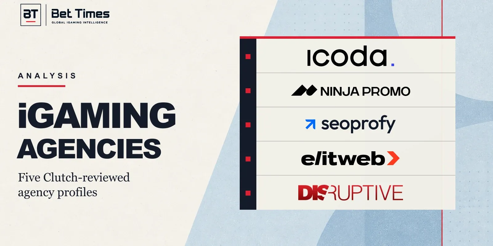 Five Clutch-reviewed iGaming agency logos arranged in an unranked BETTIMES editorial shortlist.