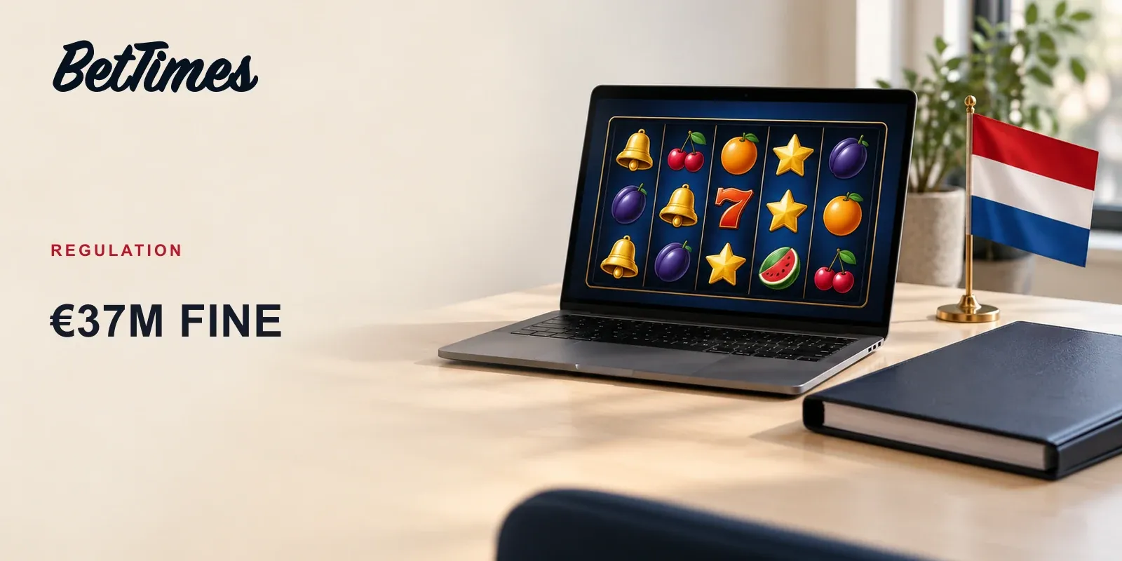 An unbranded online casino screen beside a plain enforcement folder and Netherlands flag, illustrating Dutch market authorisation.