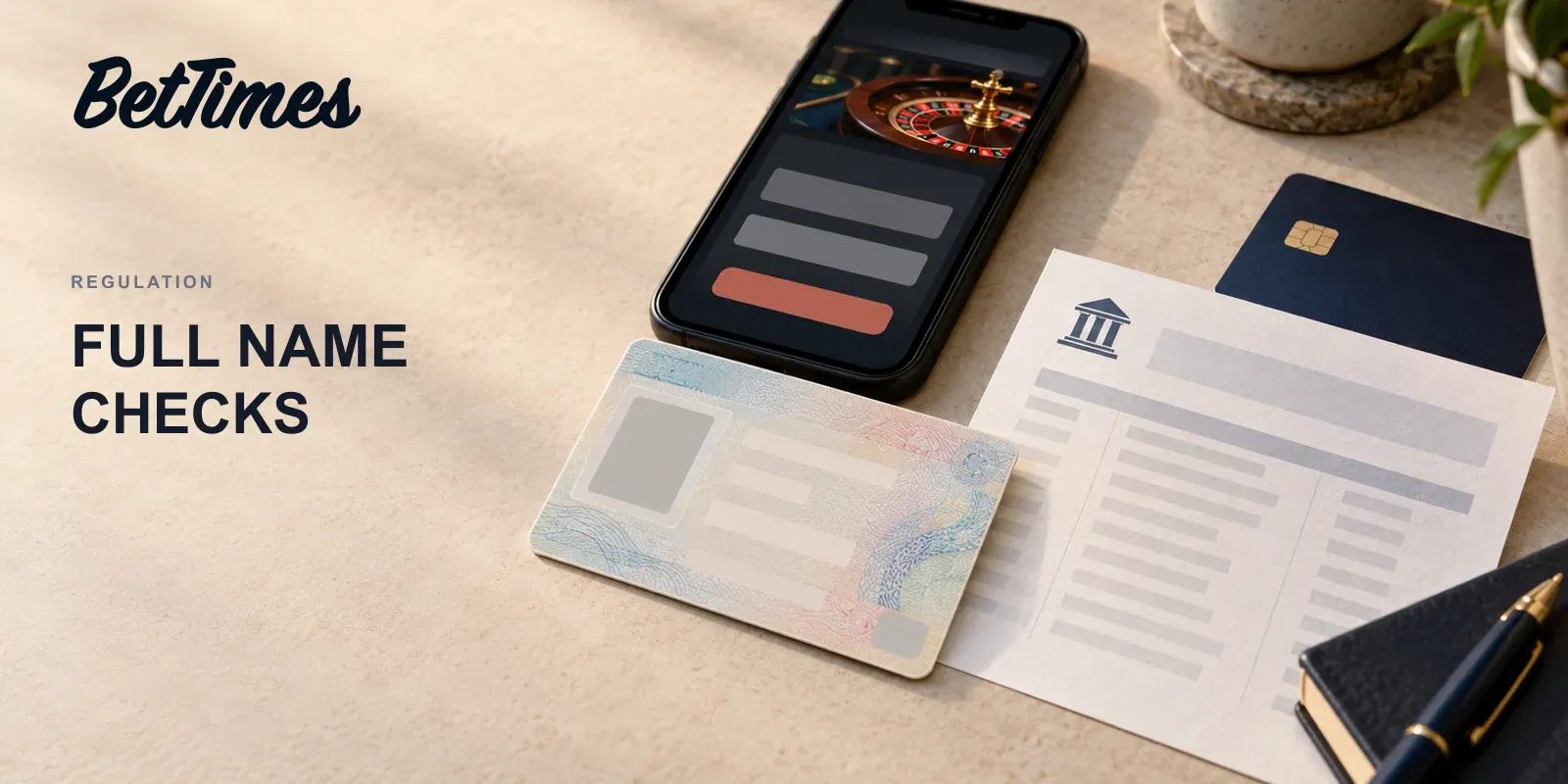 Illustrated bank account paperwork and an identity document beside an unbranded gambling account screen for full-name verification