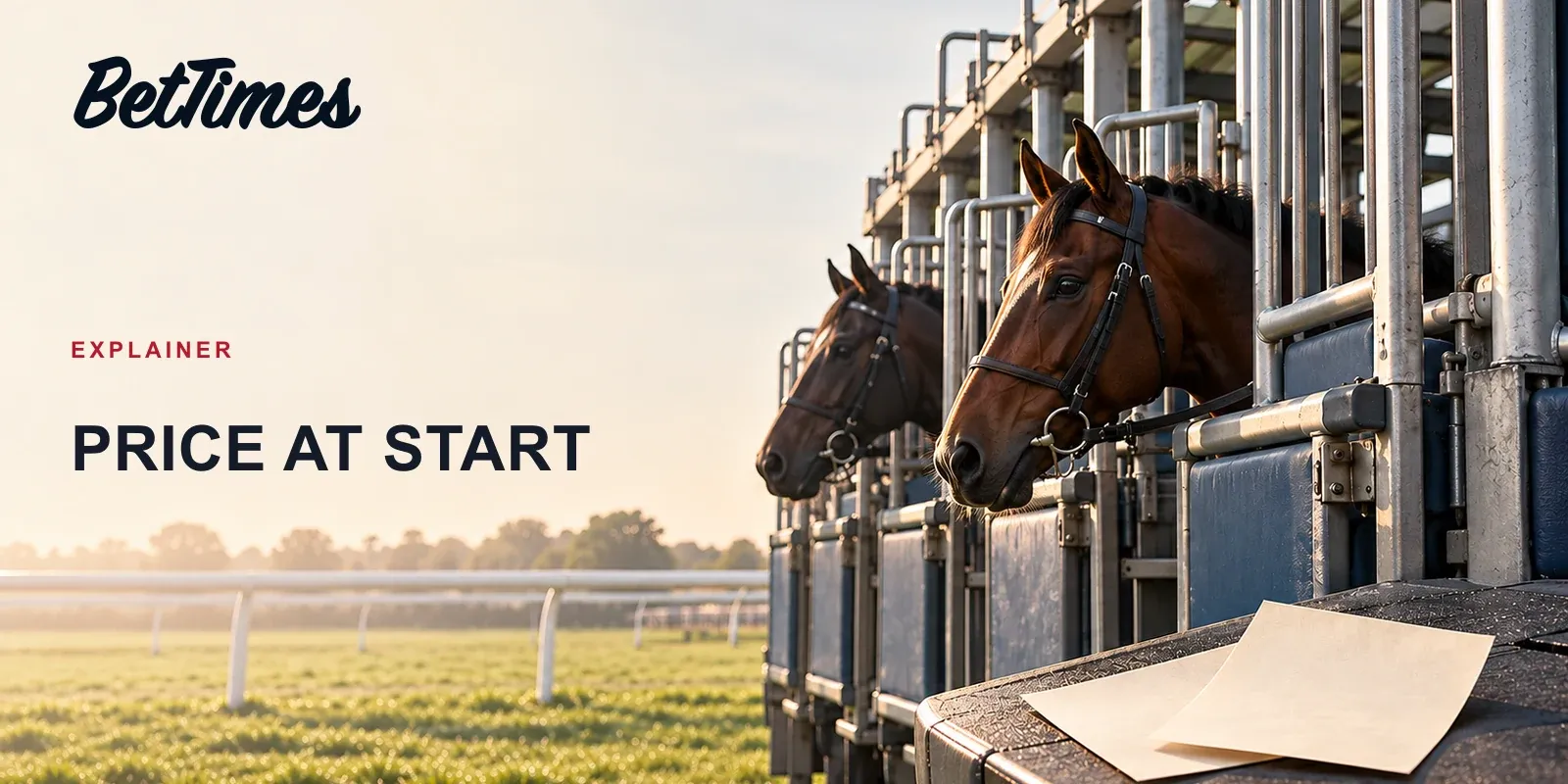 Editorial illustration of horse-racing starting stalls with two plain betting slips, representing accepted odds and a starting-price instruction