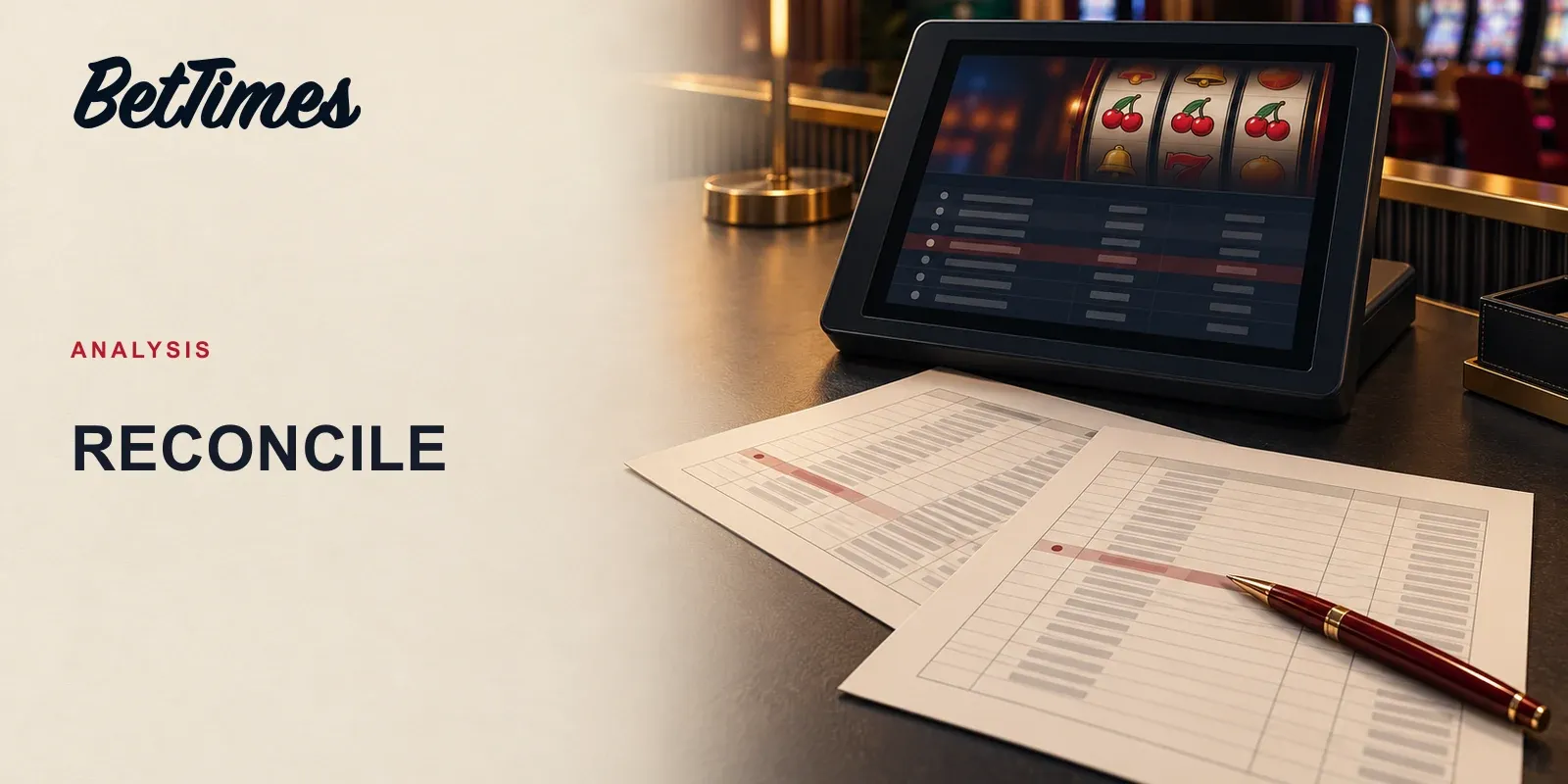 Casino finance desk with a wallet terminal, settlement report and bank statement arranged for reconciliation.