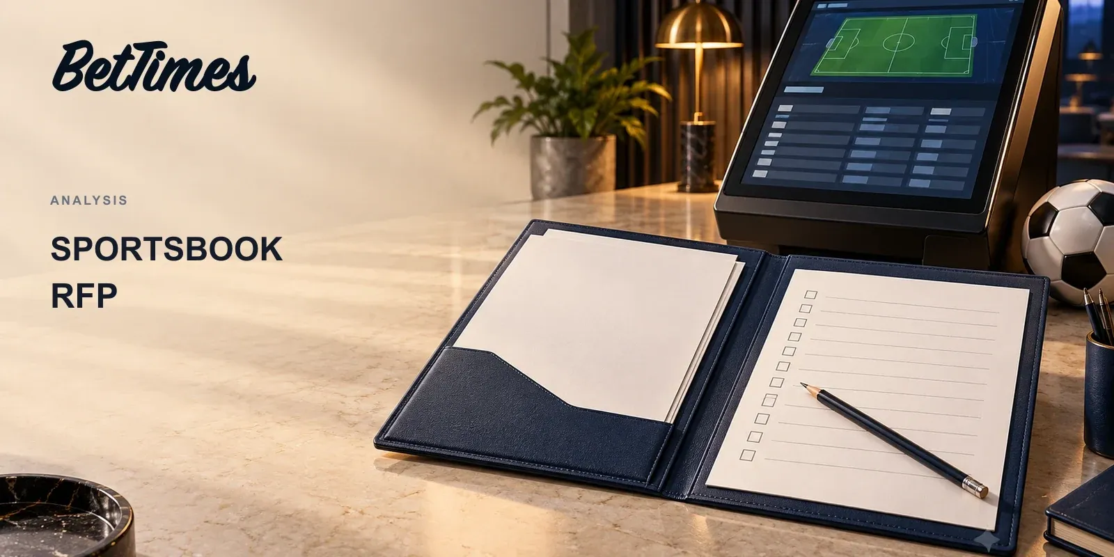 An open supplier review folder beside a representative sportsbook terminal and a football on a procurement desk