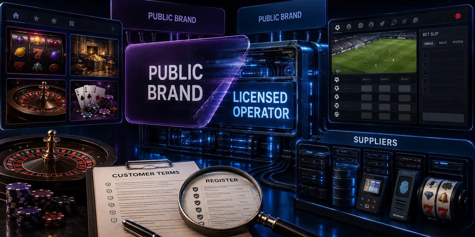 Casino and sportsbook brand layers revealing the licensed operator, customer terms, register and suppliers beneath.