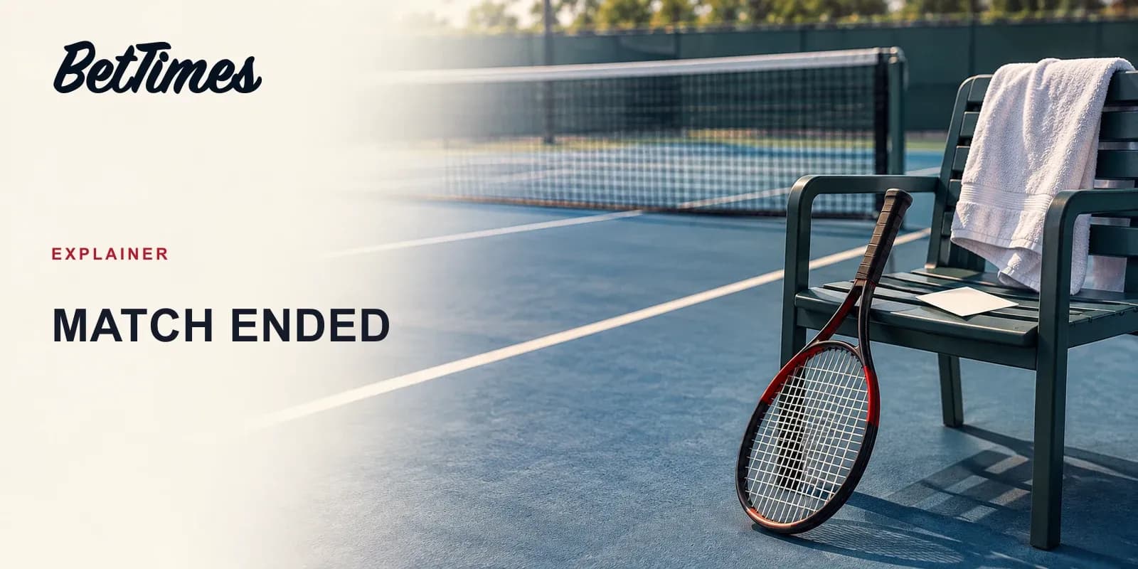 Illustrated tennis court after play, with an empty courtside chair and racket beside a blank ticket, representing retirement and match settlement