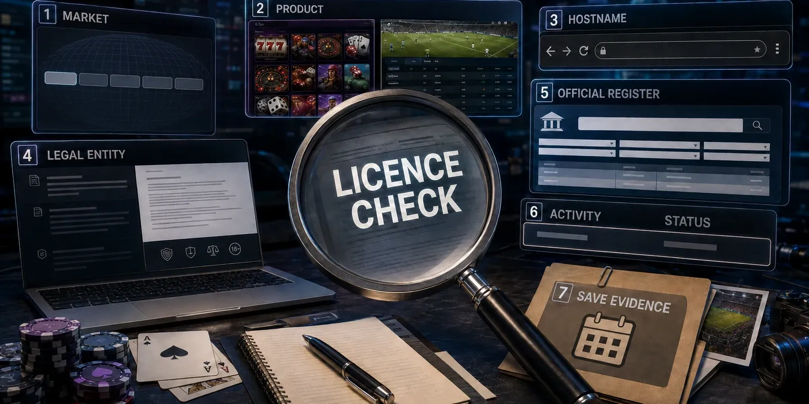 Seven-step licence check matching a gambling product and hostname to an official register record.
