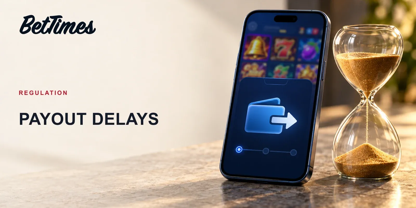 An unbranded casino cashier screen with a withdrawal request behind an hourglass, illustrating the scrutiny of avoidable payout delays.
