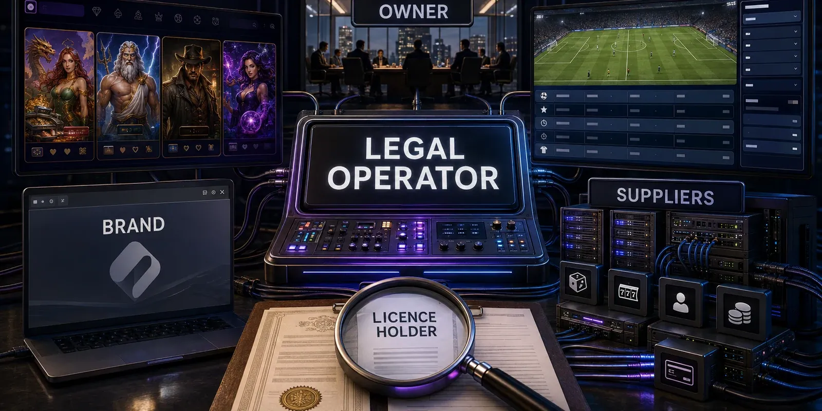 Casino and sportsbook products arranged around the brand, legal operator, licence holder, owner and suppliers.