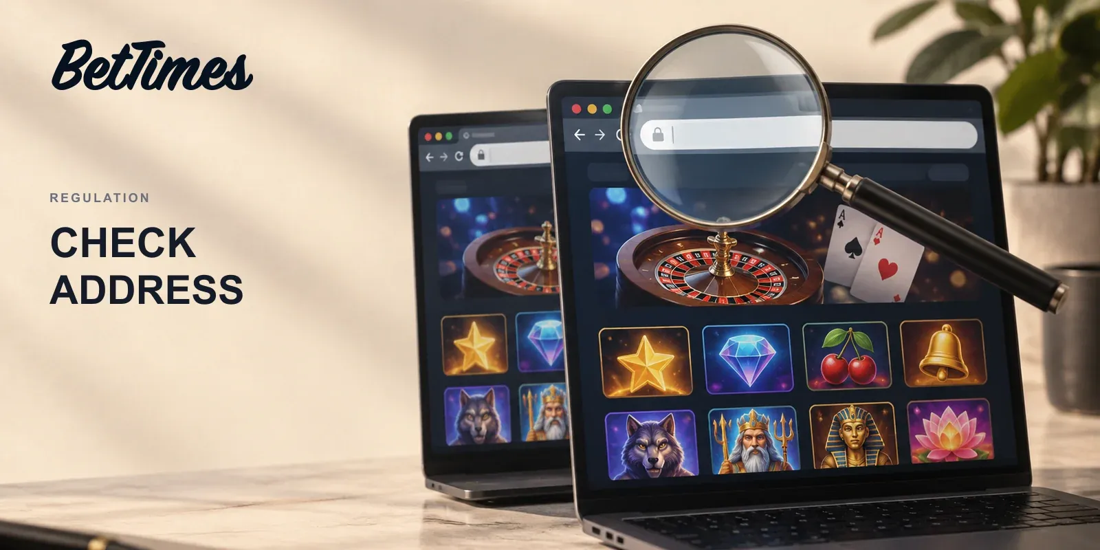 Illustrated copied casino browser windows and a magnifying glass over the address bar for Dutch website licence checks