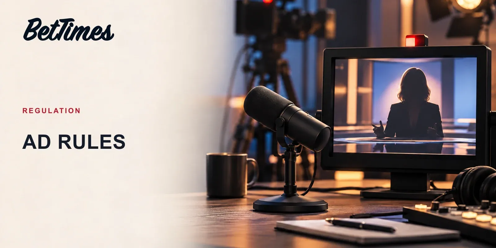An unbranded television advertising screen and a studio microphone, illustrating Australia’s forthcoming rules on notable people in wagering promotions.