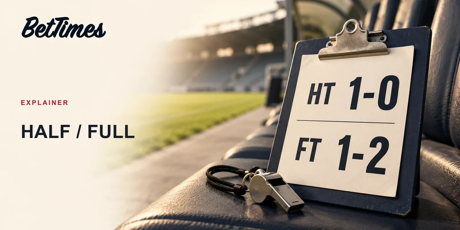 A football touchline result board showing fictional half-time 1-0 and full-time 1-2 scores, beside a referee whistle.