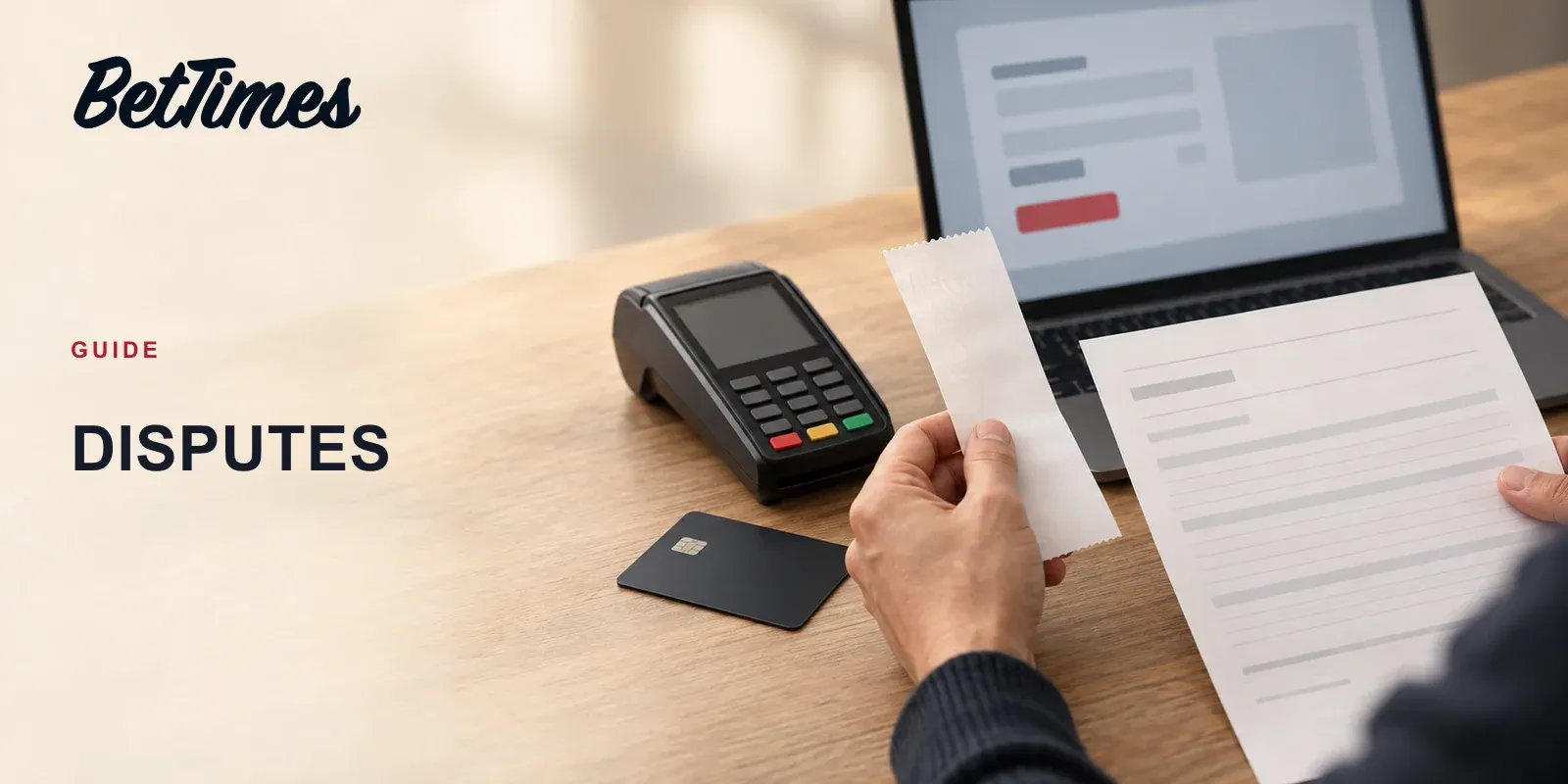 A person checks a blank payment receipt and card against a bank statement beside a payment terminal and a neutral online cashier screen.