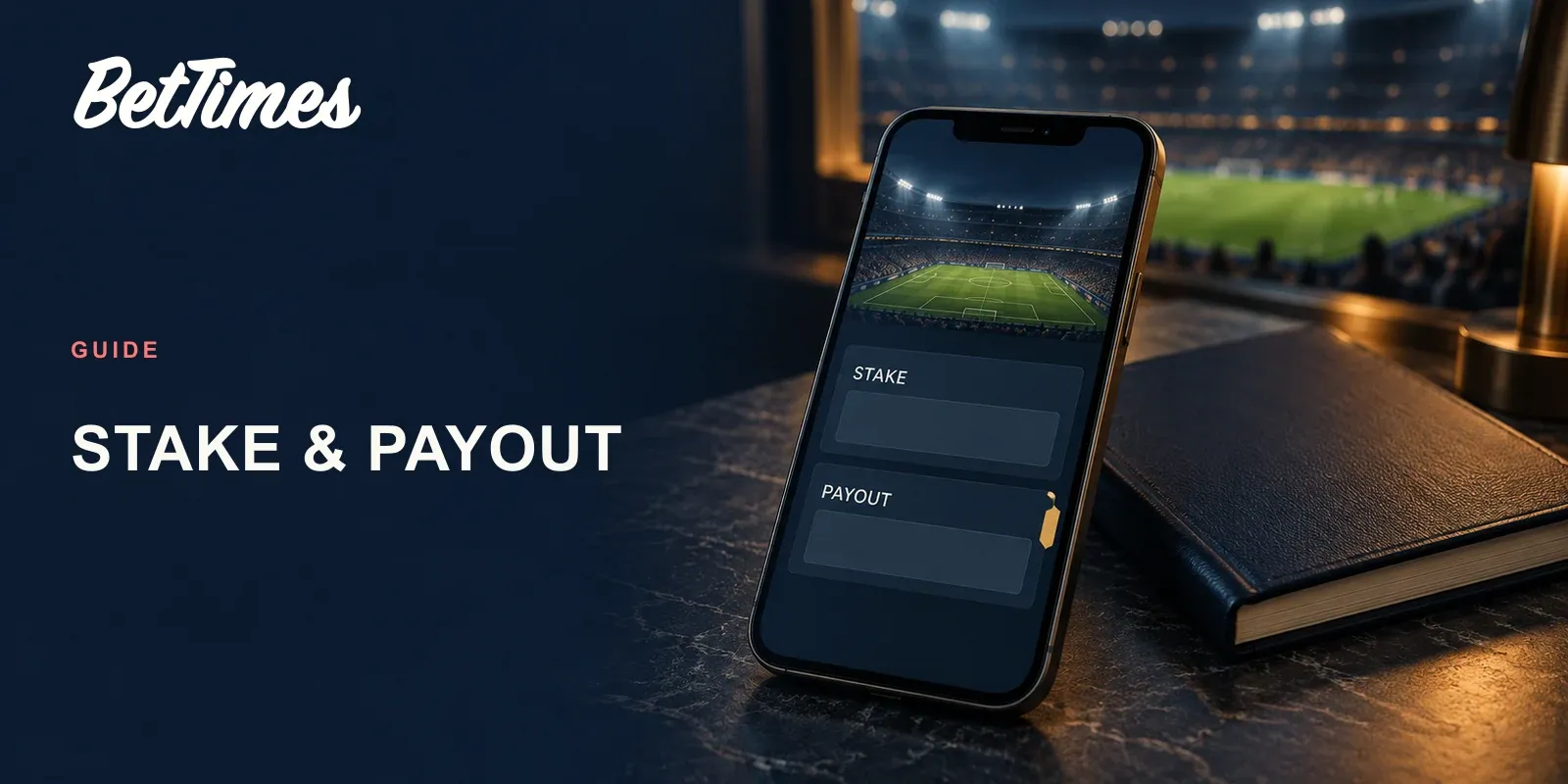 Unbranded sportsbook ticket beside a payout limit marker, with a football stadium softly visible behind it