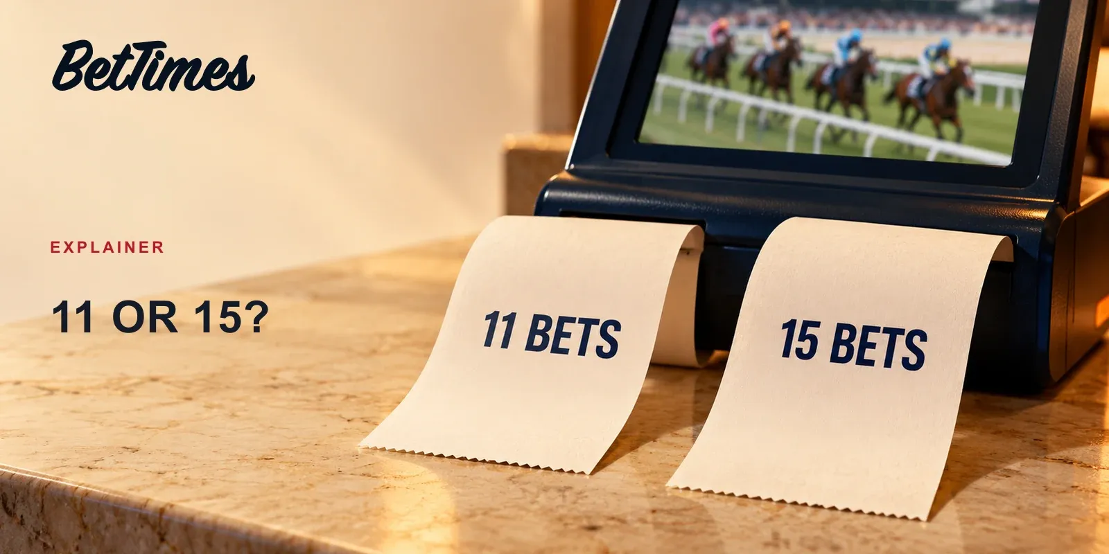 Two unbranded betting receipts marked 11 bets and 15 bets beside a horse-racing terminal, comparing four-selection ticket structures.