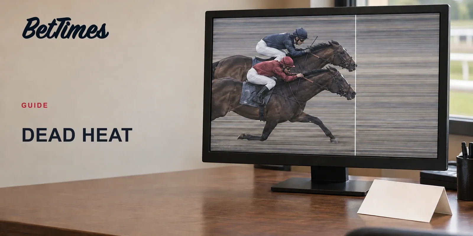 Photo-finish display showing two racehorses level at the line, beside an unbranded settlement slip