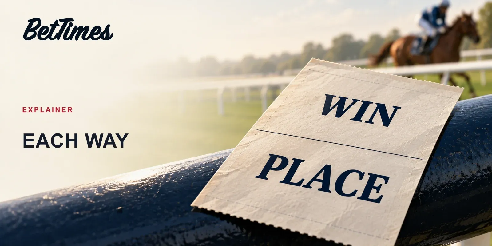 Illustrated each-way ticket with separate win and place sections beside an anonymous horse-racing scene